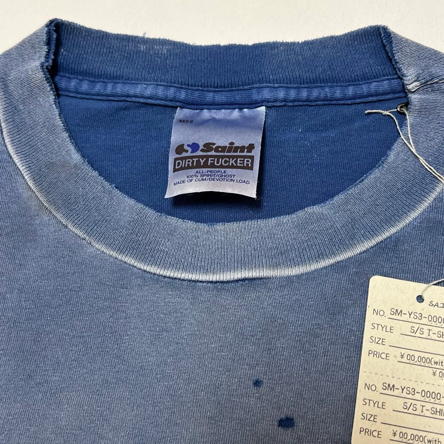 SAINT Mxxxxxx REALITY SCHOOL SS_TEE/NVY slogan distressed short-sleeves, washed blue S-XL, garment dyeing, horse fade, ultra-complex shearing and destruction treatment, correct version, cylindrical fabric, customized original consistent main mark/wash mark, original consistent silver powder printing, distressed treatment